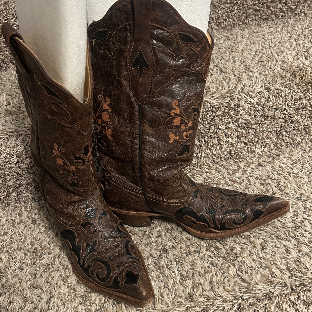 Corral Women's Inlay Embroidered Western Boots(Brown/Chocolate/Rust) Sz 10.5M